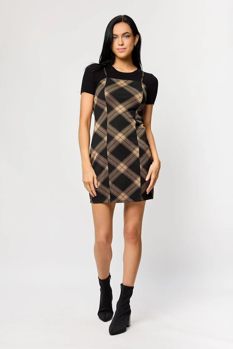 Plaid Print Spaghetti Strap Bodycon Dress with Side Slit
