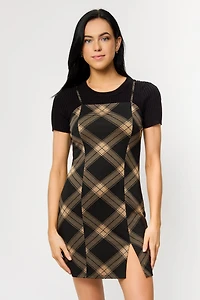 Plaid Print Spaghetti Strap Bodycon Dress with Side Slit