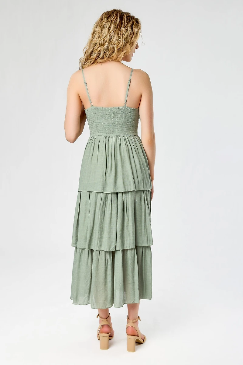 Gauze Spaghetti Strap V-Neck Maxi Dress with Crochet Bodice and Tiered Skirt
