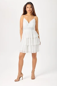 Gauze Spaghetti-Strap V-Neck Dress with Crochet Bodice and Tiered Layered Skirt