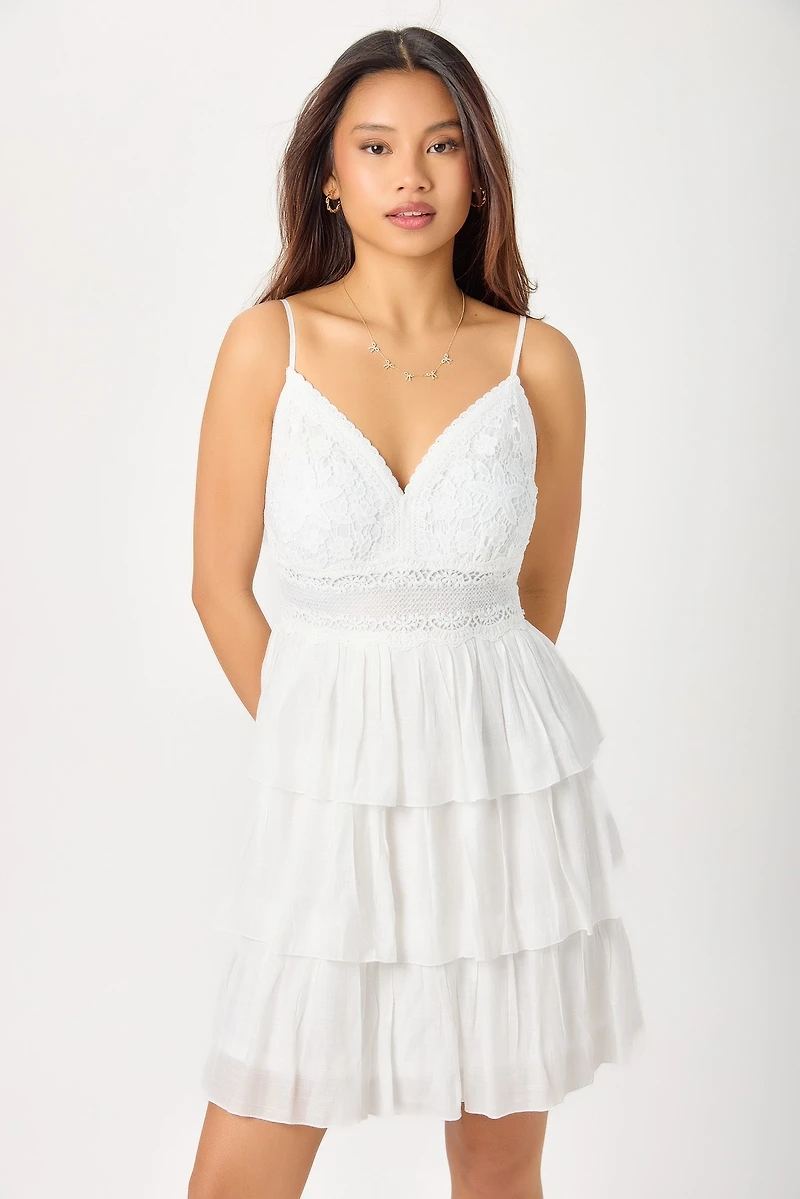 Gauze Spaghetti-Strap V-Neck Dress with Crochet Bodice and Tiered Layered Skirt