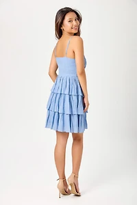 Gauze Spaghetti-Strap V-Neck Dress with Crochet Bodice and Tiered Layered Skirt