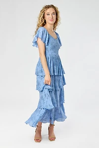 Floral Smocked Square-Neck Flutter-Sleeve Maxi Dress with Layered Tiered Skirt