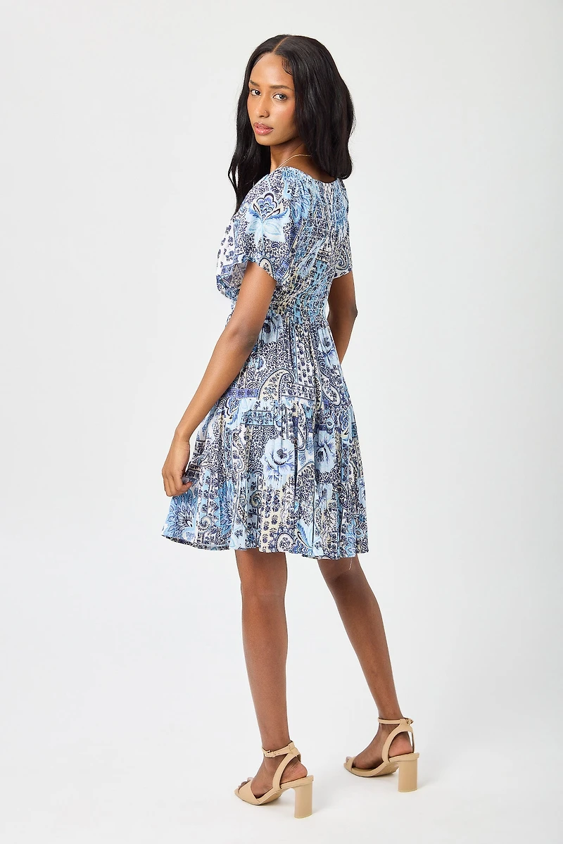Patchwork Print Bell-Sleeve Smocked Babydoll Dress