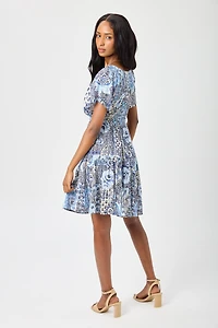 Patchwork Print Bell-Sleeve Smocked Babydoll Dress