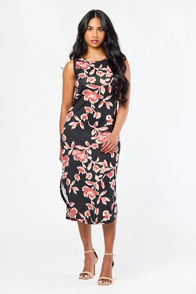 Floral Sleeveless Midi Dress with Shirttail Hem