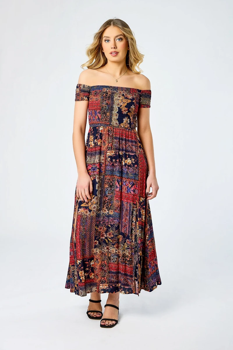 Terracotta Combo Smocked Off-Shoulder Maxi