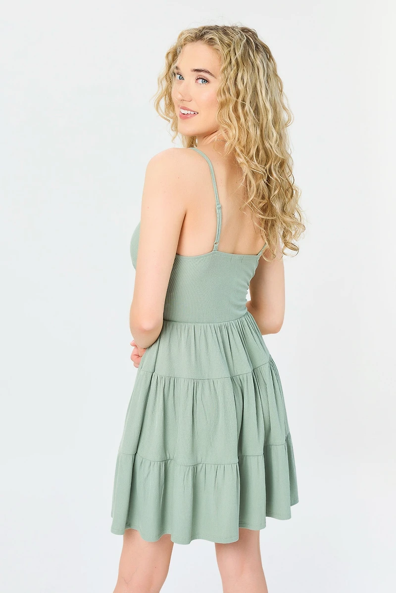 Ribbed Tiered Spaghetti-Strap Dress