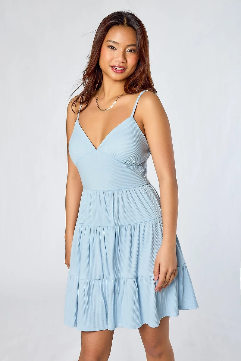 Ribbed Tiered Spaghetti-Strap Dress