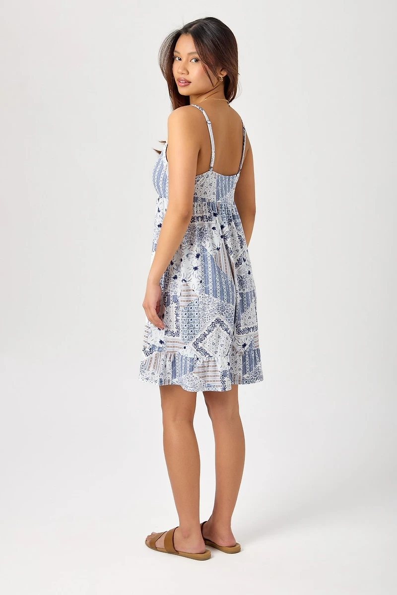 Patchwork Babydoll Dress with Padded Cups and Beaded Spaghetti Straps