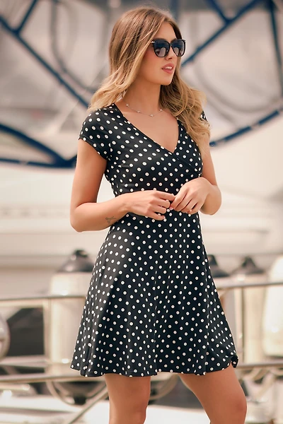 Polka Dot Brushed Crossover Cap Sleeve Dress