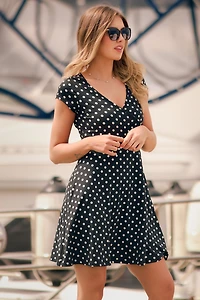 Polka Dot Brushed Crossover Cap Sleeve Dress