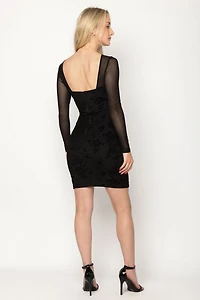Flocked Floral Mesh Bodycon Dress