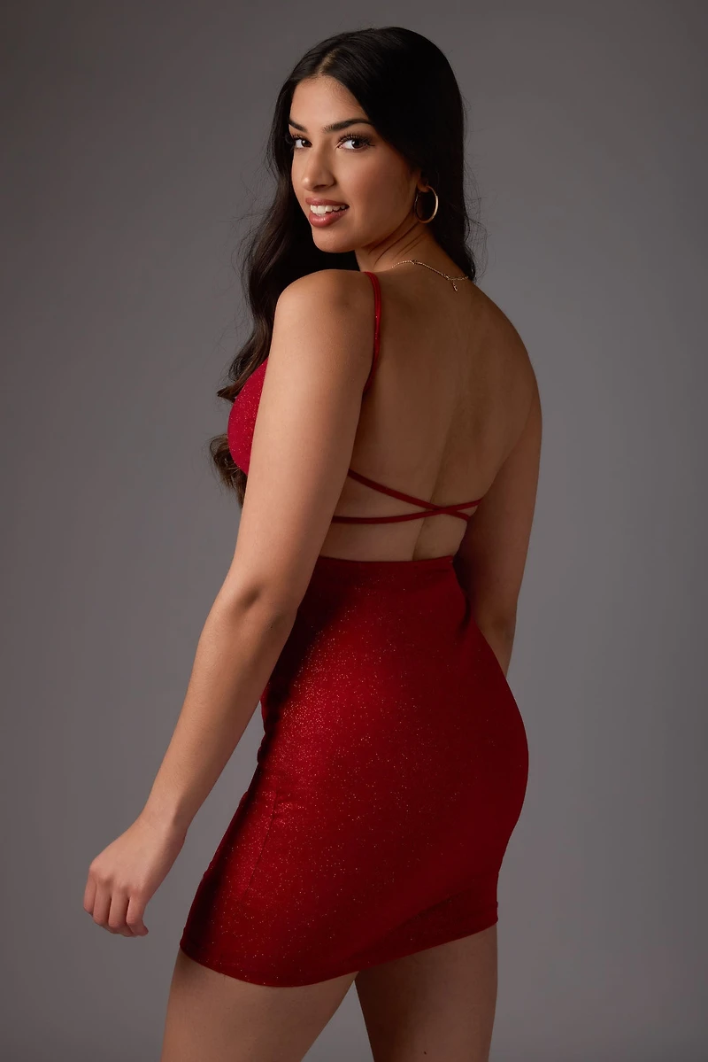 Glitter Spaghetti Strap Mini Dress with Open Back