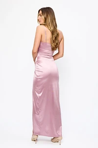 Stretch Satin Spaghetti Strap Maxi Dress with Crossover Skirt
