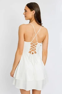 Stretch Crepe Double Hem Lace-Up Skater Dress