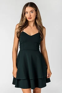 Stretch Crepe Double Hem Lace-Up Skater Dress
