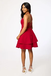 Stretch Crepe Double Hem Lace-Up Skater Dress