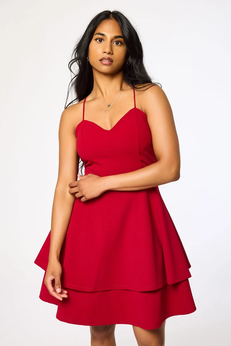 Stretch Crepe Double Hem Lace-Up Skater Dress