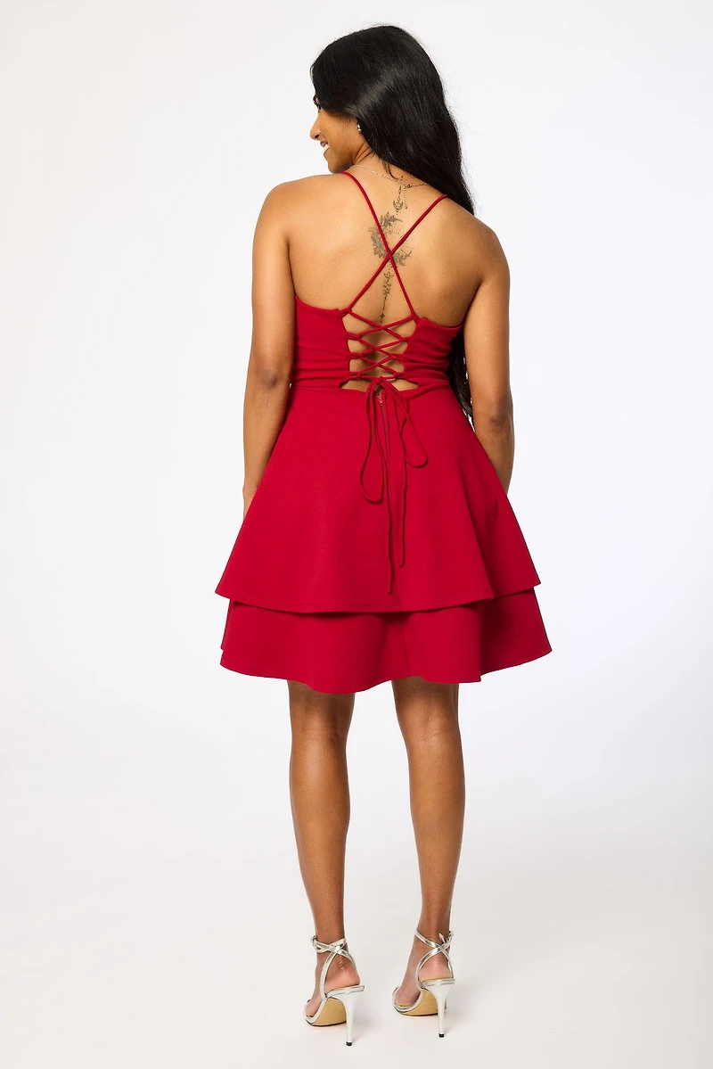 Stretch Crepe Double Hem Lace-Up Skater Dress