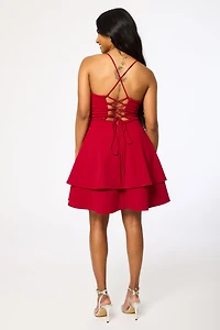Stretch Crepe Double Hem Lace-Up Skater Dress