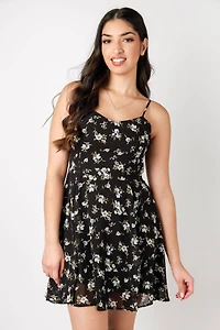 Ditsy Print Chiffon Lace-Up Mini Dress
