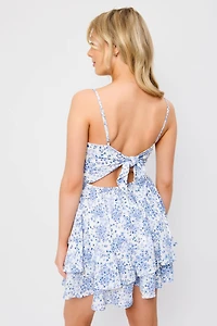 Ditsy Spaghetti Strap Scoop-Neck Dress with Tie-Back