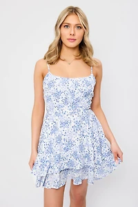 Ditsy Spaghetti Strap Scoop-Neck Dress with Tie-Back