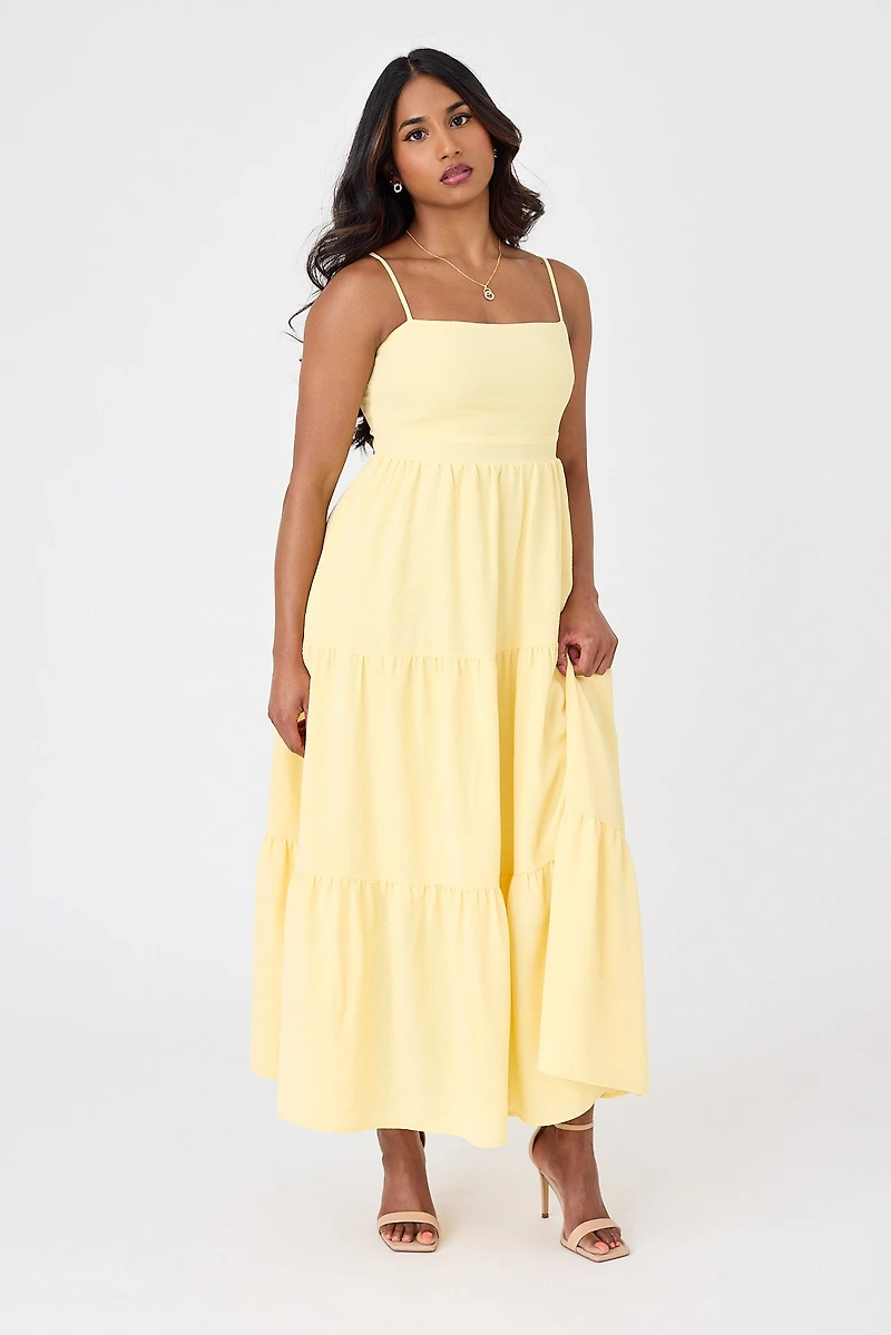 Airflow Sleeveless Tie-Back Tiered Midi Dress