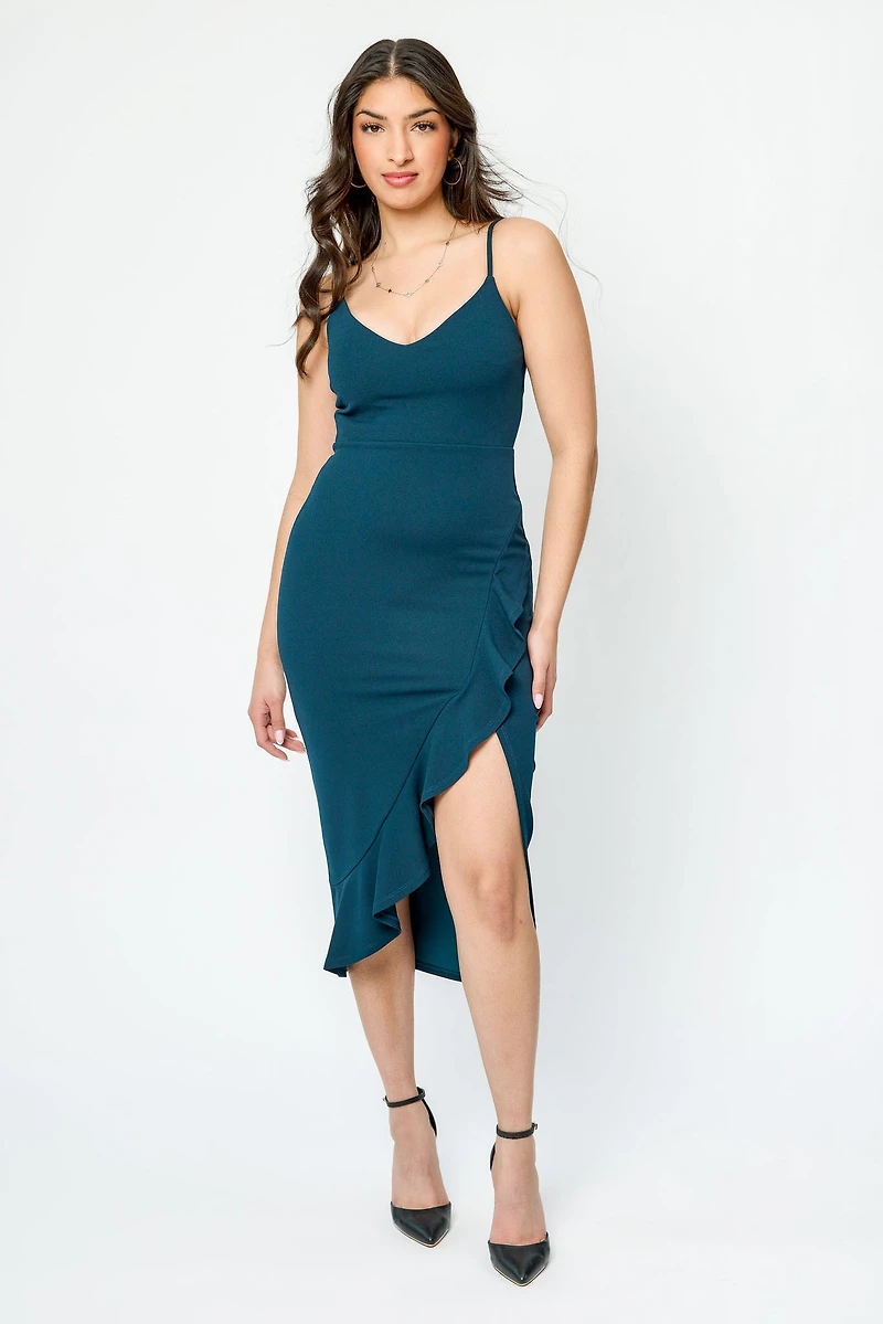 Ruffled V-Neck Midi Dress