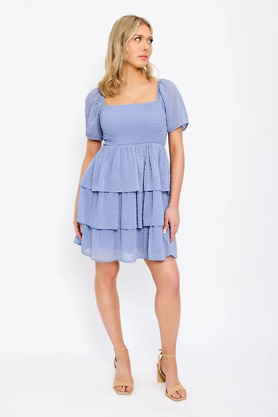 Swiss Dot Chiffon Balloon-Sleeve Tiered Dress