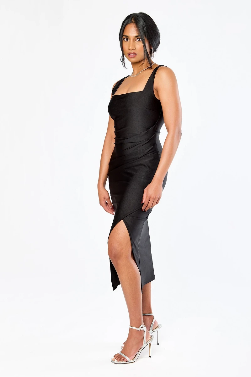 Satin Square-Neck Midi Dress with Side Slit