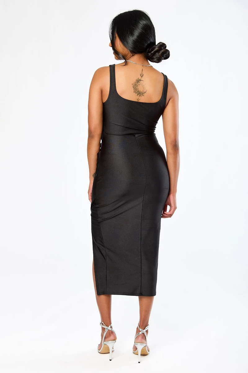 Satin Square-Neck Midi Dress with Side Slit