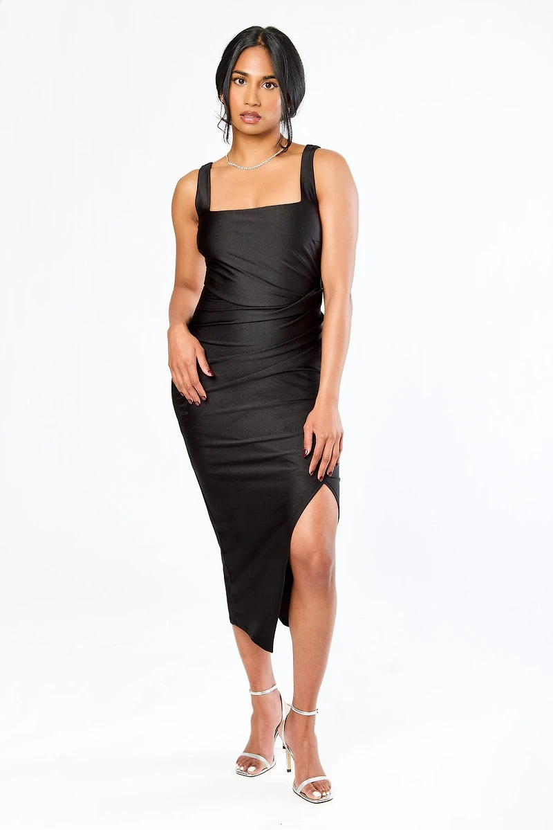 Satin Square-Neck Midi Dress with Side Slit