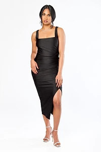 Satin Square-Neck Midi Dress with Side Slit