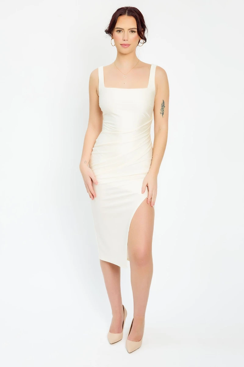 Satin Square-Neck Midi Dress with Side Slit