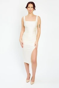 Satin Square-Neck Midi Dress with Side Slit