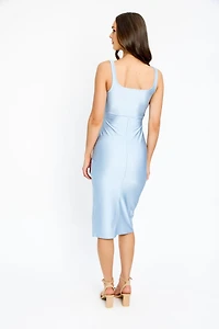 Satin Square-Neck Midi Dress with Side Slit