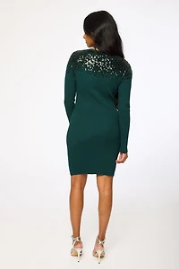 Ribbed Crew-Neck Long-Sleeve Bodycon Sweater Dress with Sequins