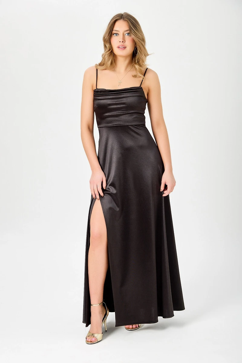 Satin Spaghetti Strap Pleated Bust Maxi Dress with Side Slit