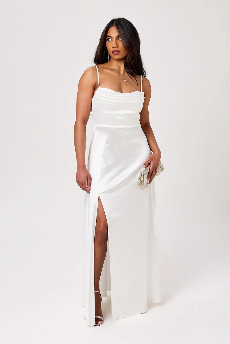 Satin Spaghetti Strap Pleated Bust Maxi Dress with Side Slit