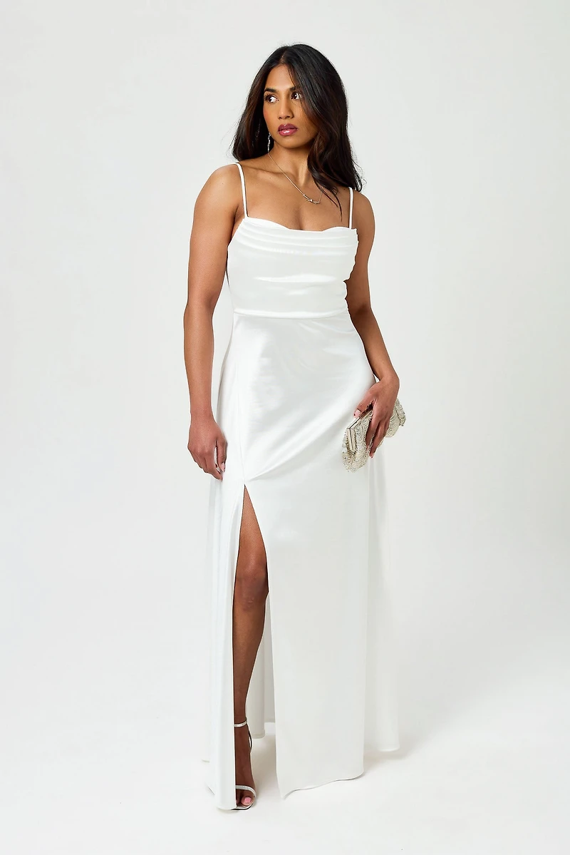 Satin Spaghetti Strap Pleated Bust Maxi Dress with Side Slit