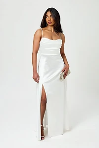Satin Spaghetti Strap Pleated Bust Maxi Dress with Side Slit