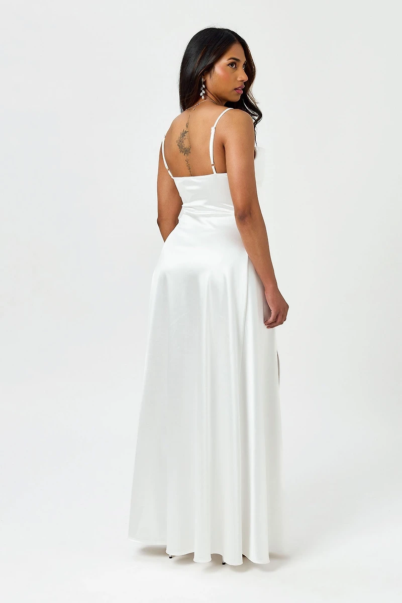 Satin Spaghetti Strap Pleated Bust Maxi Dress with Side Slit