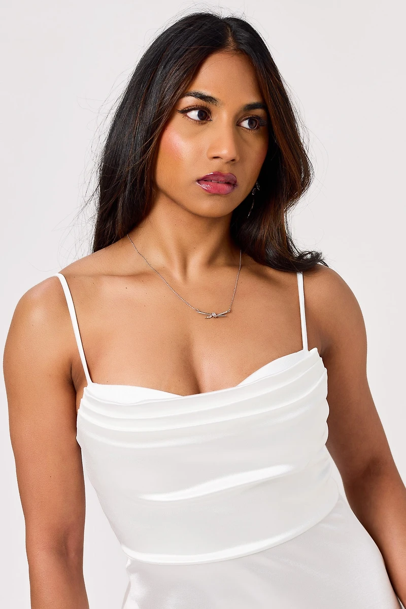 Satin Spaghetti Strap Pleated Bust Maxi Dress with Side Slit