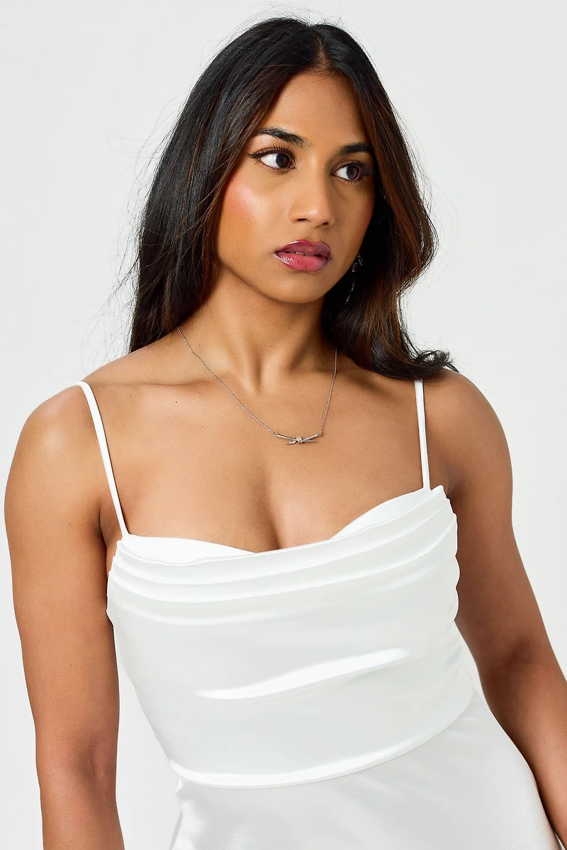 Satin Spaghetti Strap Pleated Bust Maxi Dress with Side Slit