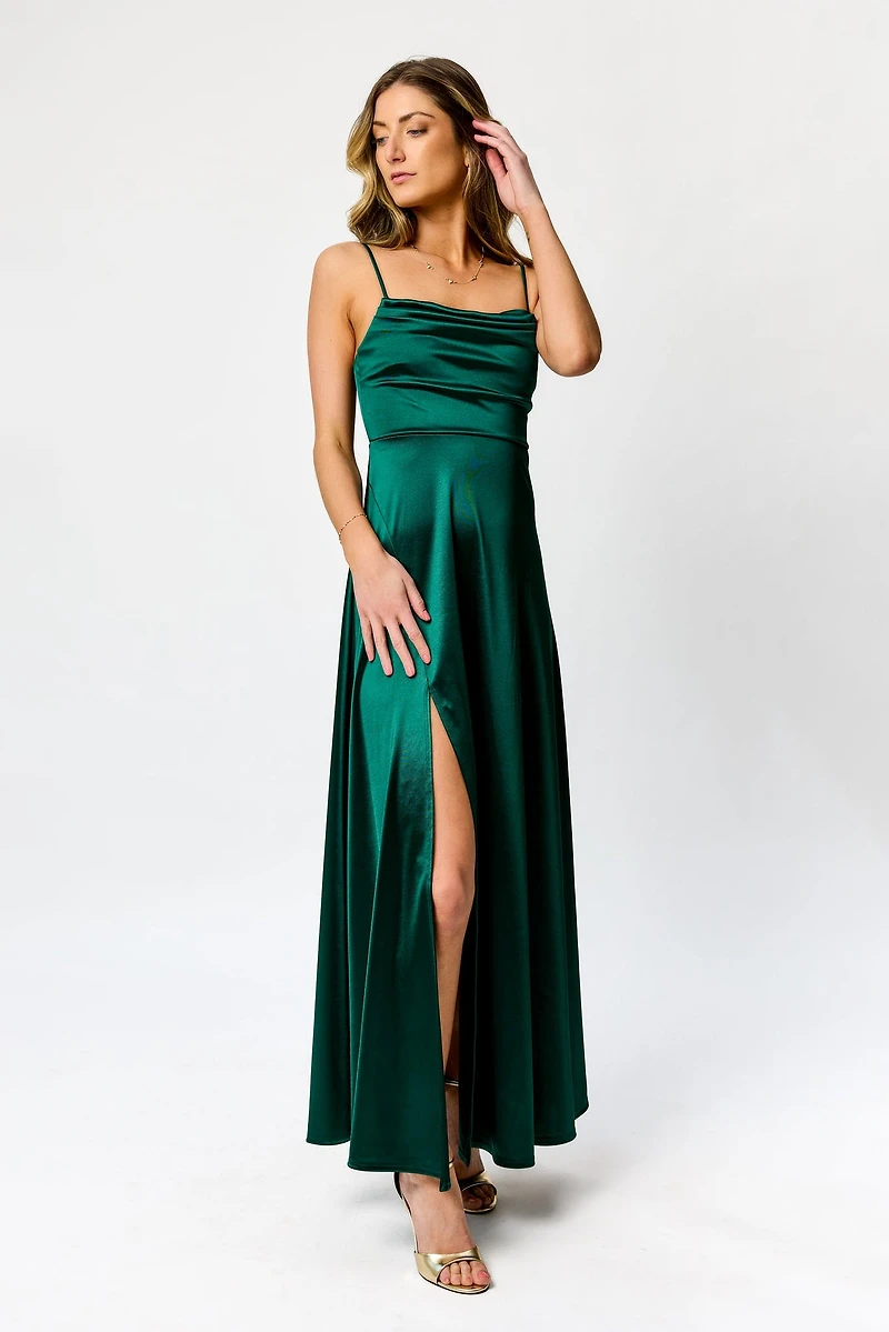 Satin Spaghetti Strap Pleated Bust Maxi Dress with Side Slit