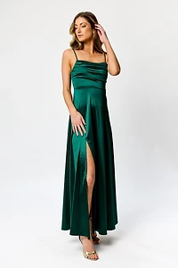 Satin Spaghetti Strap Pleated Bust Maxi Dress with Side Slit