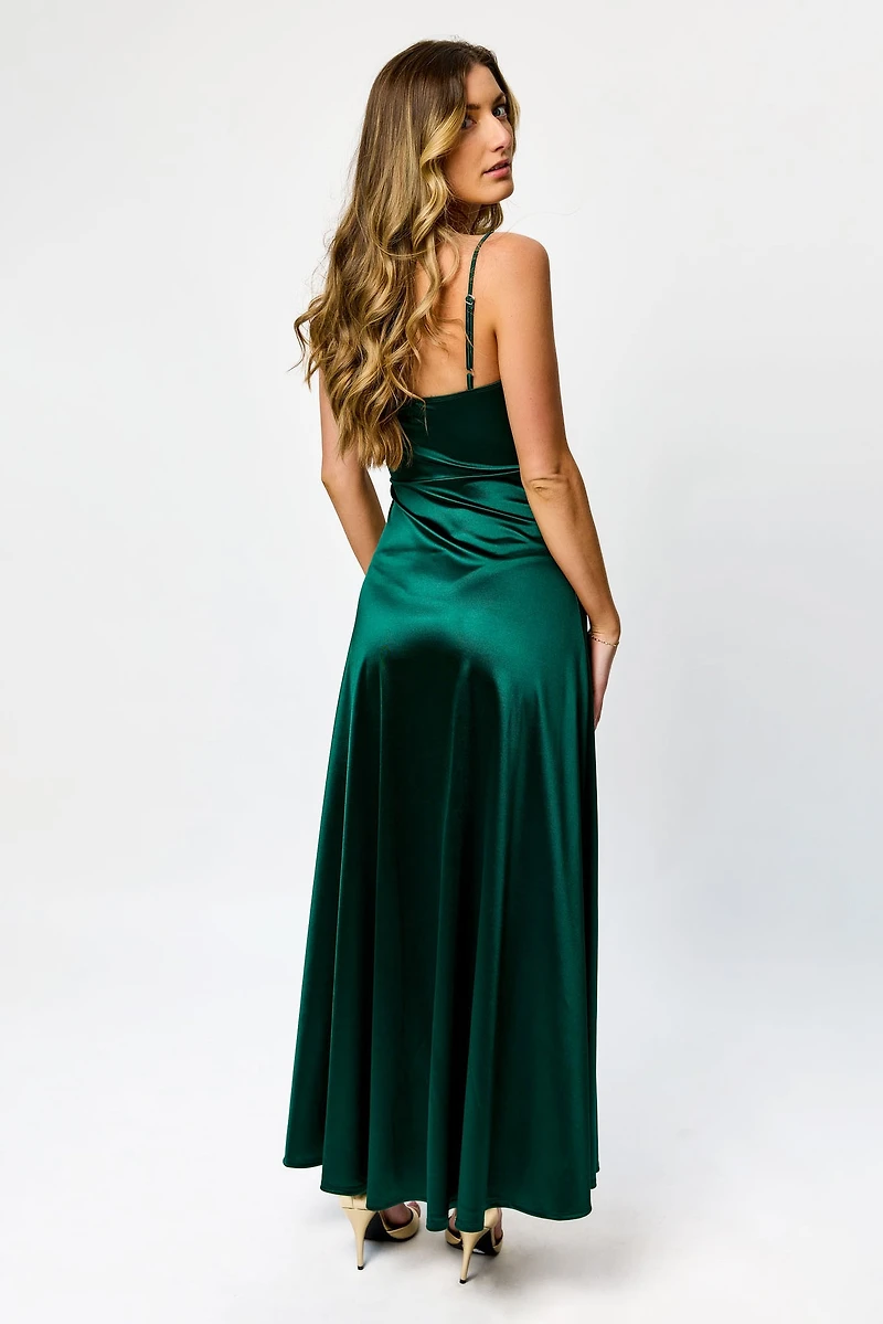 Satin Spaghetti Strap Pleated Bust Maxi Dress with Side Slit