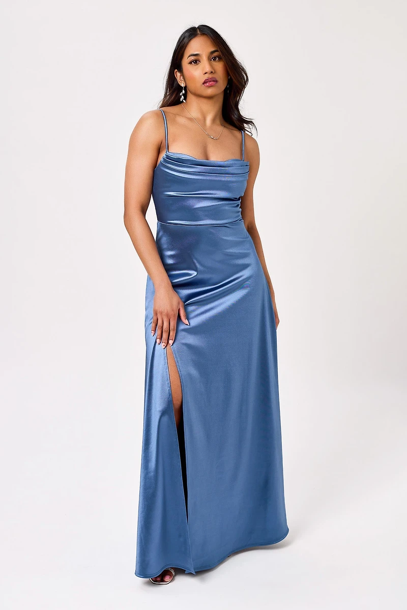 Satin Spaghetti Strap Pleated Bust Maxi Dress with Side Slit